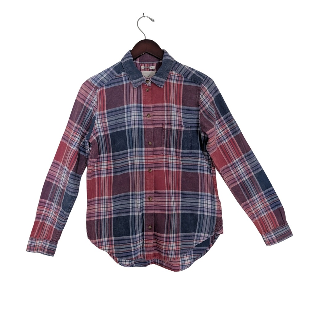 American Eagle Plaid Flannel Shirt Womens Small Red Blue Boyfriend Fit Button Up